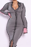 Grey Fashion Sexy Solid Patchwork V Neck Long Sleeve Dresses