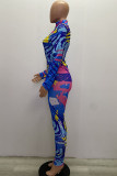 Peacock blue Fashion Casual adult Ma'am Patchwork Print Two Piece Suits pencil Long Sleeve Two Pieces