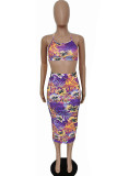 purple Fashion Lightly cooked Floral Print Two Piece Suits pencil Sleeveless Two Pieces