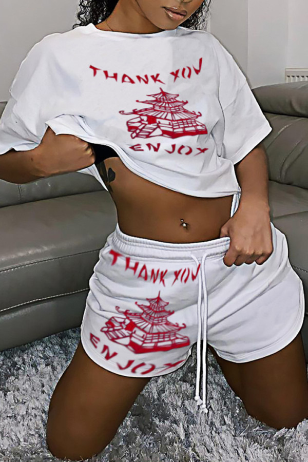 White Fashion Casual Print Basic O Neck Short Sleeve Two Pieces