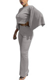 Grey Polyester Fashion adult Ma'am OL Solid Two Piece Suits Straight Three Quarter Two Pieces
