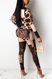Coffee Casual Print Patchwork O Neck Long Sleeve Two Pieces