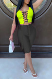 Green Polyester Active Patchwork Solid contrast color bow-knot HOLLOWED OUT Straight Sleeveless Two Pieces