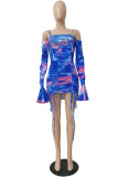 Sky Blue Fashion Sexy Print Tie Dye Draw String Backless Square Collar Long Sleeve Dresses