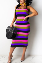 purple Polyester Fashion Sexy adult Ma'am Off The Shoulder Sleeveless Halter Neck Step Skirt Mid-Calf Striped Dresses