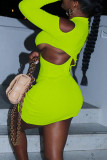 Fluorescent Green Casual Solid Asymmetrical Asymmetrical Collar Wrapped Skirt Dresses