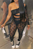 Black Fashion Sexy Solid Hollowed Out See-through One Shoulder Long Sleeve Two Pieces
