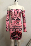 Pink Sexy Print Bateau Neck Pencil Skirt Dresses