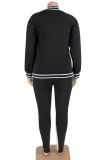 Black Casual Sportswear Knitting Striped Print Solid Pierced Hollowed Out Slit Zipper Collar Plus Size 
