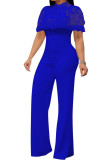 Blue Fashion Sexy lace Solid Knitting Short Sleeve O Neck Jumpsuits