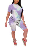 purple Polyester Fashion Casual adult Patchwork Print Tie Dye Gradient Two Piece Suits pencil Short Sleeve Two Pieces