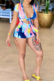 Multicolor Fashion Casual Print Hollowed Out V Neck Skinny Romper