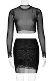 Black Sexy Patchwork See-through Half A Turtleneck Long Sleeve Two Pieces