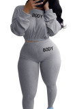 Grey Fashion Sexy Adult Polyester Letter Embroidered Letter O Neck Long Sleeve Regular Sleeve Regular Two Pieces