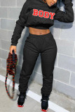 Grey Sportswear Print Patchwork Hooded Collar Long Sleeve Two Pieces