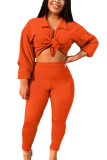 Red Milk Silk Fashion Active adult Ma'am Solid Two Piece Suits pencil Long Sleeve Two Pieces