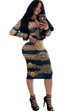 Black Milk. Europe and America Cap Sleeve Long Sleeves O neck Step Skirt Mid-Calf Patchwork Print chain