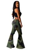 Beige Polyester Zipper Fly Sleeveless Mid Old Zippered washing camouflage Boot Cut Pants