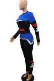 Blue Polyester Fashion Active adult Ma'am Print Two Piece Suits pencil Long Sleeve Two Pieces
