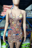 Light Yellow Fashion Sexy Print Tie-dye V Neck Sling Dress