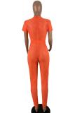 Orange Fashion Sexy Hollow Patchwork Polyester Short Sleeve O Neck Jumpsuits