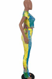 Yellow venetian Fashion Sexy Tie Dye Two Piece Suits pencil Short Sleeve Two Pieces
