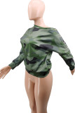 Red Sexy Print Camouflage Print O Neck Mid Waist Tops