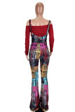 Wine Red Street Print Strapless Long Sleeve Two Pieces