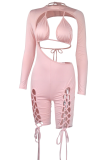Pink Sexy Solid Hollowed Out Half A Turtleneck Two Pieces