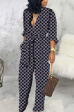 Dark Blue Sexy Print Patch V Neck Loose Jumpsuits