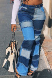 Green Denim Zipper Fly High Patchwork washing Zippered Boot Cut Pants Bottoms