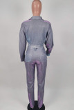 Light Purple Fashion Casual Adult Milk Fiber Solid Cardigan Turndown Collar Long Sleeve Regular Sleeve Regular Two Pieces