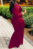 Wine Red Casual Print Patchwork O Neck Sheath Dresses