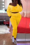 Yellow Fashion Casual Solid Basic V Neck Long Sleeve Two Pieces