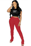 Red Polyester Fashion Sexy adult Ma'am Letter Two Piece Suits pencil Short Sleeve Two Pieces