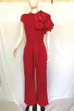 Red Solid zipper Patchwork Polyester Short Sleeve O Neck Jumpsuits