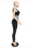 Black Casual Sportswear Striped Patchwork U Neck Skinny Jumpsuits