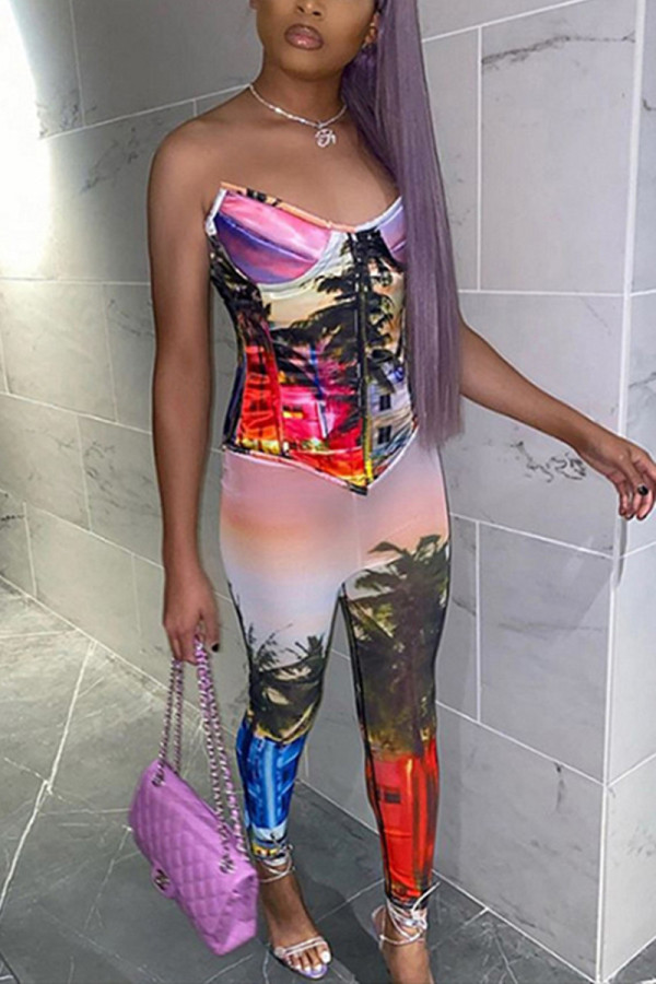 Colour Fashion Sexy Print Backless Strapless Skinny Jumpsuits