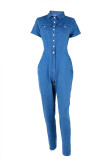 Blue Fashion Sexy Casual Old washing Polyester Short Sleeve V Neck Jumpsuits