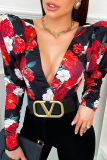 Red Sexy Print Patchwork V Neck Skinny Bodysuits