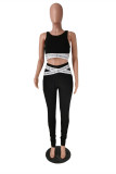 Black Casual Sportswear Patchwork Basic O Neck Sleeveless Two Pieces