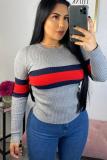 Grey O Neck Long Sleeve Striped Patchwork Long Sleeve Tops