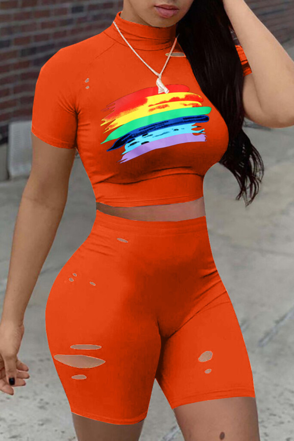 Orange Fashion Casual Print Ripped Turtleneck Short Sleeve Two Pieces