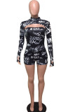 Black street Print letter Backless Hollow Blend Long Sleeve Turtleneck Rompers