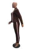 Coffee Casual Solid Zipper Collar Long Sleeve Two Pieces