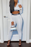 White Casual Print Letter Zipper Collar Long Sleeve Two Pieces