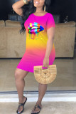 Pink Fashion Casual adult Ma'am Pink Yellow Sky Blue Cap Sleeve Short Sleeves O neck A-Line Knee-Length Print Dresses