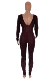 Purple Sexy Print See-through V Neck Skinny Jumpsuits