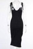 Black Sexy Solid Tassel Frenulum Asymmetrical Spaghetti Strap Sleeveless Dress Dresses