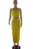 Yellow Fashion Casual adult Ma'am Solid Two Piece Suits A-line skirt Sleeveless Two Pieces